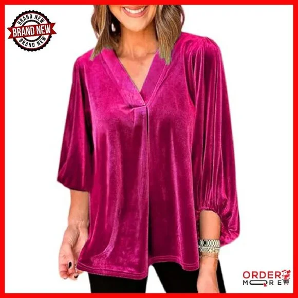 Velvet V-Neck Puff Sleeve Tunic Top - Loose Fit Fall Winter - Picture 5 of 5